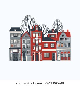 Vector cute houses. Cartoon geometric houses, cars, trees, lanterns. Fashionable illustration by hand. Design of the children's room, banners, decor, etc.