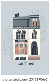 Vector cute houses. Cartoon geometric houses, cars, trees, lanterns. Fashionable illustration by hand. Design of the children's room, banners, decor, etc.