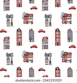 Vector cute houses. Cartoon geometric houses, cars, trees, lanterns. Fashionable illustration by hand. Design of the children's room, banners, decor, etc.