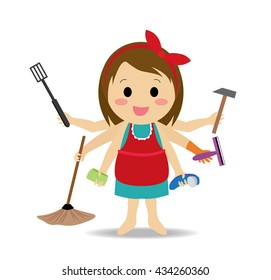 Vector of cute housewife or maid multitasking with working arms doing different actions
