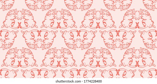 Vector cute hygge geometric cat pattern. Line line art hand drawn cartoon style design. Greeting card, gift wrap, cozy comic style. Modern brush design on pink background. Perfect for textile projects