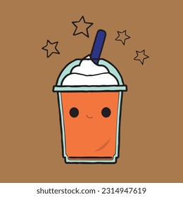 Vector cute ice cream in a glass on a brown background