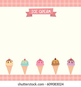 Vector of cute ice-cream cone menu template decorated with tartan and  pink pastel colors.