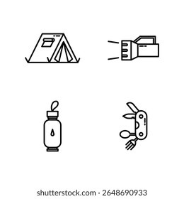 Vector cute icon set of hiking, camping, traveling equipment. vector black and white PNG outline icons.