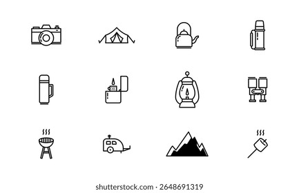 Vector cute icon set of hiking, camping, traveling equipment. vector black and white PNG outline icons.