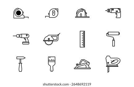 Vector cute icons of builder, carpenter and other handyman. black and white PNG outline icons vector.