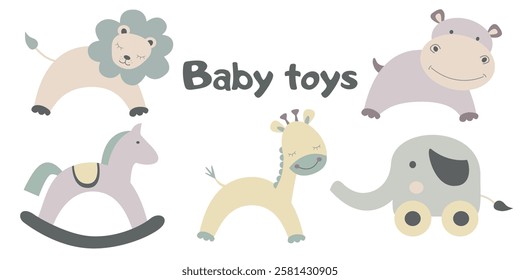 Vector Cute icons set. Hand drawn childish funny simple vector illustrations of animals toys in pastel colors