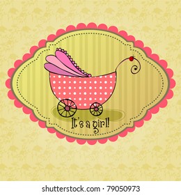 vector cute illustrated doodle Baby arrival card with carriage
