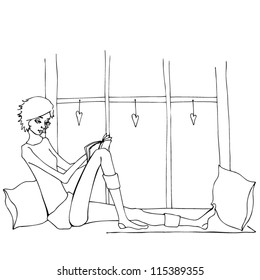 vector cute illustrated girl reading in cozy room
