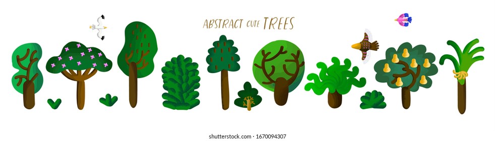 Vector cute illustration of abstract modern green trees. Set of various funny cartoon plant isolated on white background. Bundle of drawing design element for card, background or poster