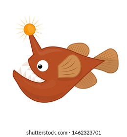Vector cute illustration of angry fish with lantern for kids. angler fish cartoon. Deep sea creature