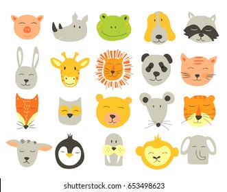 Vector  cute illustration of animal faces. Vector Clip art for Children.