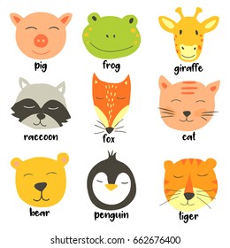 Vector  cute illustration of animal faces. Vector Clip art for Children.