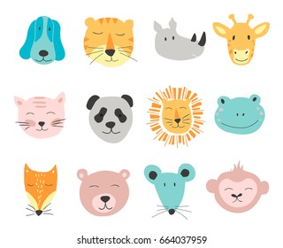 Vector  cute illustration of animal faces. Vector Clip art for Children.