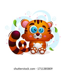 Vector cute illustration of an animal tiger in the style of a cartoon on a white background. A child s character. Print for clothing, book covers