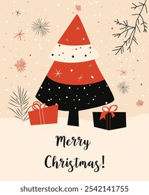 Vector cute illustration background of winter Christmas tree with snow and gifts for greeting card, poster or invitation