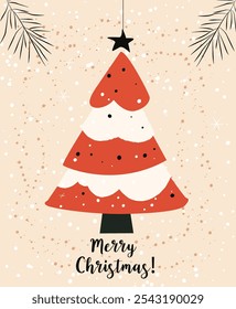 Vector cute illustration background of winter Christmas tree with snow for greeting card, poster or invitation