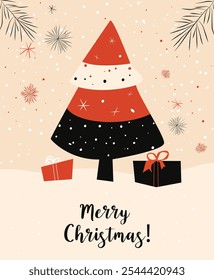 Vector cute illustration background of winter Christmas tree with snow and gifts for greeting card, poster or invitation