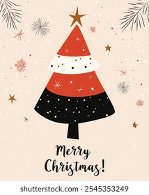 Vector cute illustration background of winter Christmas tree with snow for greeting card, poster or invitation