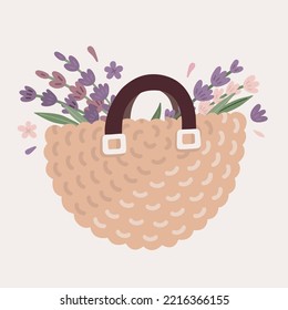 Vector cute illustration with 
beige boho bag, lavender branches and flowers