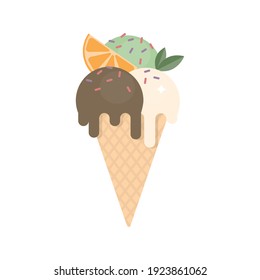 Vector cute illustration. Big waffle cone with three scoops of chocolate ice cream, mint ice cream and vanilla ice cream, a slice of orange and mint leaves. 