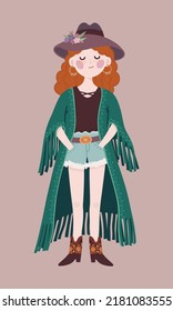 Vector linda ilustración con una chica bohemia vestida de rojo bonito 