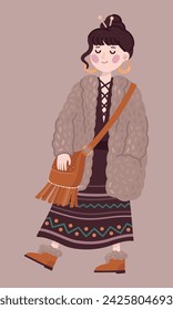 Vector cute illustration with bohemian dressed pretty girl in ornamentsl dress, fur coat and ugg boots