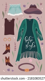 Vector cute illustration with bohemian outfit clothes collection and flowers