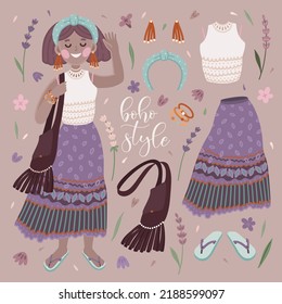 Vector cute illustration with boho brownhaired girl, bohemian outfit and accessories