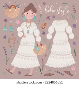 Vector cute illustration with boho brownhaired girl, bohemian outfit and accessories