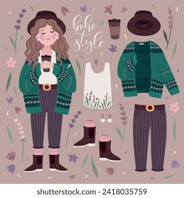 Vector cute illustration with boho 
curly girl, bohemian outfit and accessories
