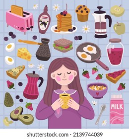 Vector cute illustration with breakfast girl and breakfast set
