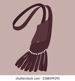 Vector Cute Illustration With Brown Boho Bag, 
Beads And Fringe