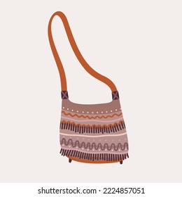 Ilustración vectorial linda con bolsa de boho ornamental marrón, 
cuentas y márgenes