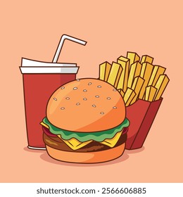 vector cute illustration of a burger a drink and French fries in cartoon