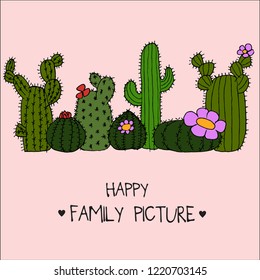 Vector cute  illustration of cacti of different shapes with rabbit's ears, funny cartoon character, greeting card with handwritten sketch lettering happy family picture