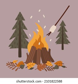 Vector cute illustration with campfire, marshmallow and forest leaves