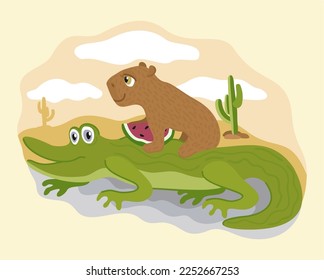 Vector cute illustration of capybara and crocodile.