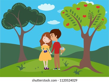 Vector cute illustration card love couple boy and girl dating walking kissing summer cartoon valentine nature
