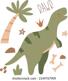 Vector cute illustration with cartoon dinosaur, tropical palm. Scandinavian style wall art for nursery room. Children's print, poster, greeting card. Cute baby t rex. Tyrannosaurus roar