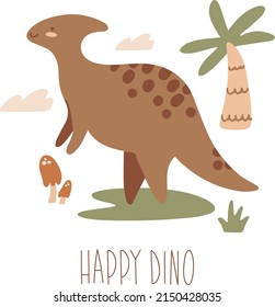 Vector cute illustration with cartoon dinosaur, tropical palm. Scandinavian style wall art for nursery room. Children's print, poster, greeting card. Cute baby dino world. 