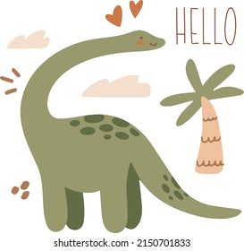 Vector cute illustration with cartoon dinosaur, tropical palm. Scandinavian style wall art for nursery room. Children's print, poster, greeting card. Cute baby diplodocus. 