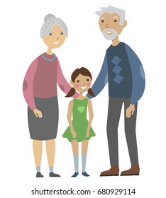 Vector cute illustration in cartoon style. Happy family: grandmother, grandfather, granddaughter. Smiles, elderly people.