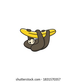 Vector cute illustration in cartoons style, Gorilla ape hanging on a banana. Creative logo icon sign design concept