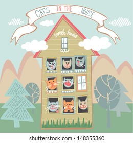 Vector cute illustration "Cats in the house" . Home concept card. Vector background in vintage style.