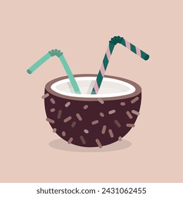 Vector cute illustration with cocktail in coconut with straws