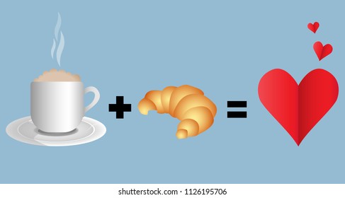 Vector cute illustration of coffee and croissant with decorative hearts. 