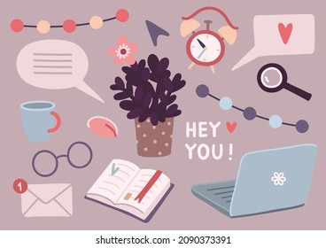 Vector cute illustration with cozy working set elements 