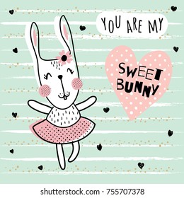 vector cute illustration of dancing ballerina rabbit on blue background