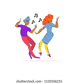 Vector cute illustration with dancing couple. Cartoon man and woman.